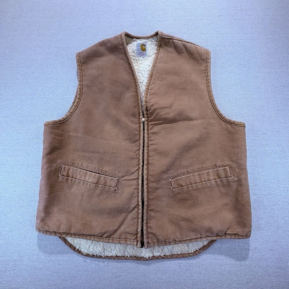 Vintage Carhartt USA 6SV Sherpa Lined Large Canvas Duck Tan Work Vest Gilet 1994